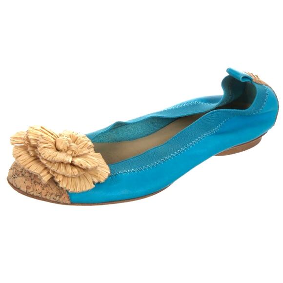 CHANEL Camellia Turquoise Leather Cork Cap Toe CC Logo Ballet Flats IT 37.5 C - Picture 15 of 16